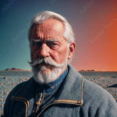 Portrait of a gray-haired captain of a space expedition on an alien planet with an atmosphere. photo