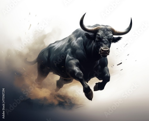 an abstract strong black bull running image on a white background with brown paint © usman
