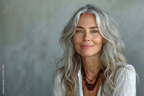 Smiling sophisticated 50s middle aged grey haired business woman looking at camera. Happy mature elegant old lady professional businesswoman photo