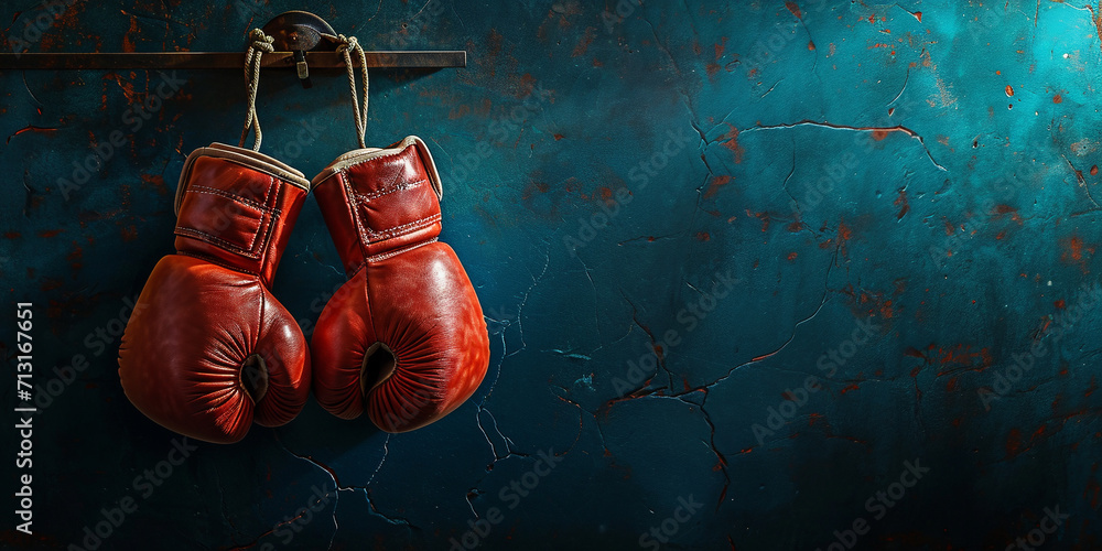 boxing gloves hanging on a nail on a dark background, copyspace