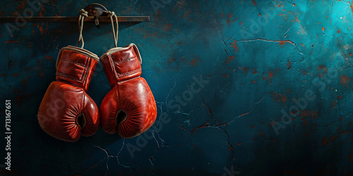 boxing gloves hanging on a nail on a dark background, copyspace