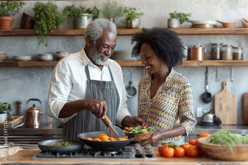 Senior African American couple cooking a meal together in the kitchen.