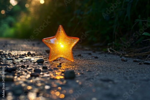glowing golden star on a forest floor