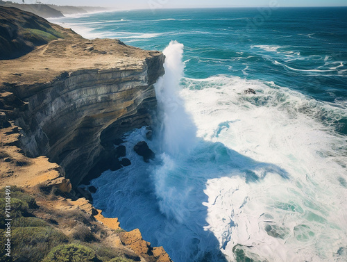 A breathtaking view of rugged coastal cliffs meeting the powerful crashing waves of the ocean.