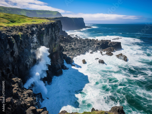 An awe-inspiring view of majestic coastal cliffs with crashing ocean waves, captured in vibrant v 52 style.