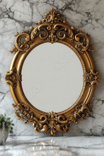 Old-fashioned oval gilt frame for a mirror on a white grey marble background.