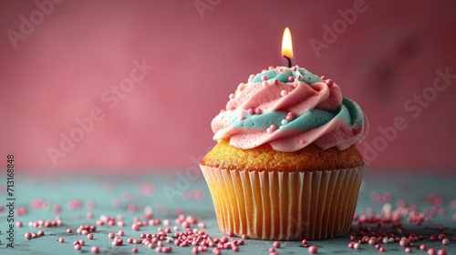 Birthday Cupcake with Lit Candle and Pink Sprinkles