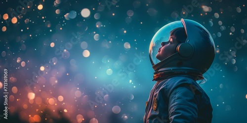 Boy with spaceman costume looking to the night sky and dream about space exploration. Happy child dreams and bright future concept photo