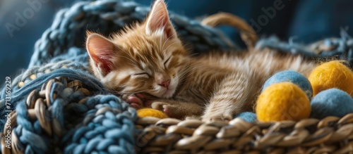 kitten sleeping resting in a basket of balls of yarn. Copy space image. Place for adding text © Ilgun