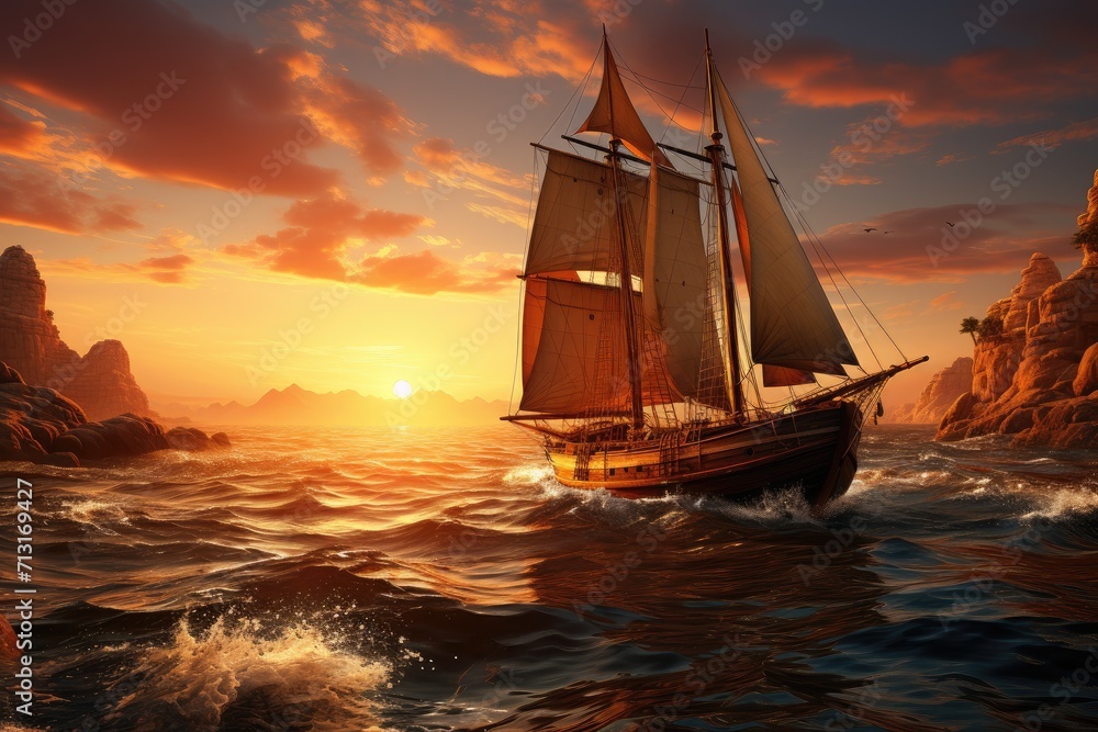 Fototapeta premium A majestic sailboat glides gracefully through the water, its mast reaching towards the vibrant sunset as it transports its passengers to a world of freedom and adventure