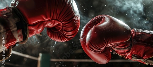 close up hand boxer and referee winner announced in boxing fight. Copy space image. Place for adding text © Ilgun