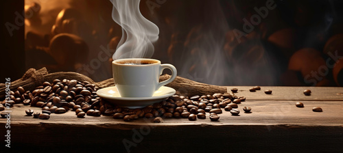 hot coffee on a rustic wooden table