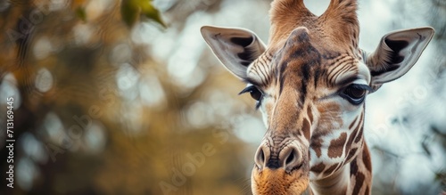 close up of the head of a giraffe showing a swollen chick. Copy space image. Place for adding text © Ilgun