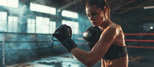 Female boxer punching focus pads while standing in a boxing ring Sporty young woman having a boxing training session in a gym. Copy space image. Place for adding text © Ilgun