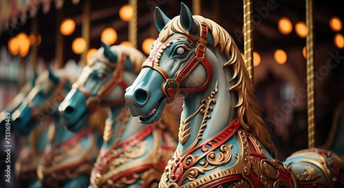 A majestic carousel horse stands proudly, ready to take riders on a whimsical journey through the lively and colorful world of an outdoor amusement park