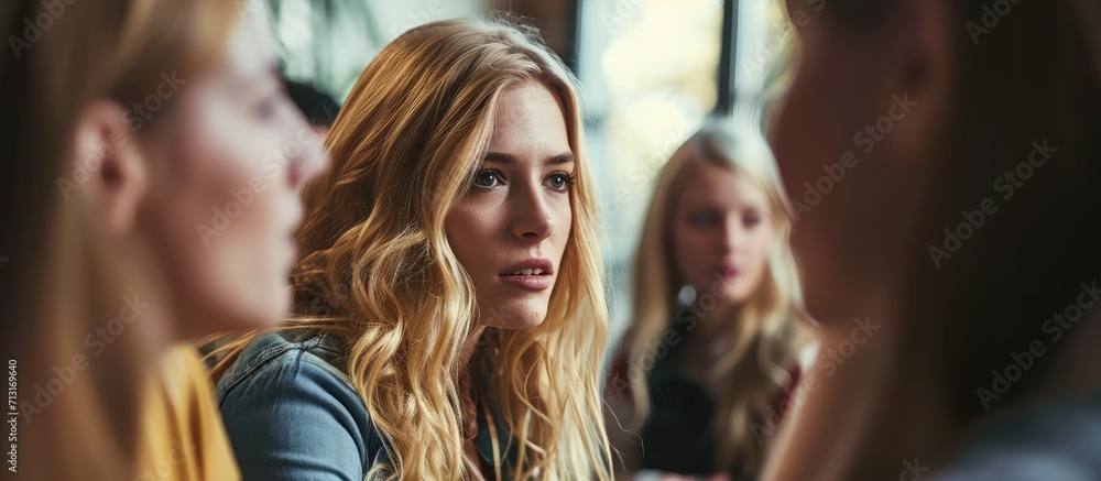 An adult blonde woman talking to people from the group therapy. Copy space image. Place for adding text An adult blonde woman talking to people from the group therapy. Copy space image. Place for adding text