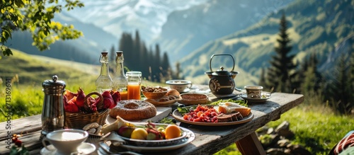 Breakfast Alps South Tyrol rural. Copy space image. Place for adding text