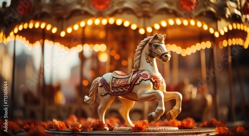 A majestic horse stands proudly in front of a colorful carousel, beckoning children to embark on a whimsical ride through their imagination