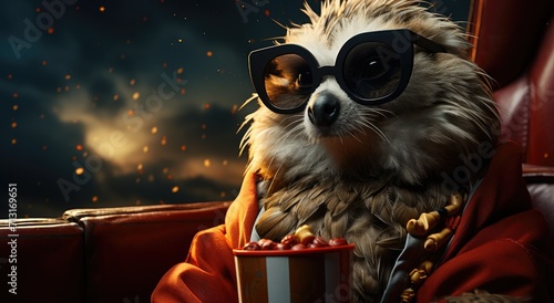 A suave owl donning sunglasses and a stylish red coat shares a bucket of popcorn with his monkey and dog companions, as they enjoy an indoor movie night with their mammal and leather-clad friends © Larisa AI