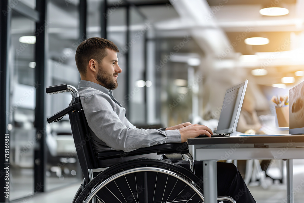 Man in Wheelchair Using Laptop Computer for Business. Man in Wheelchair Using Laptop Computer for Business.