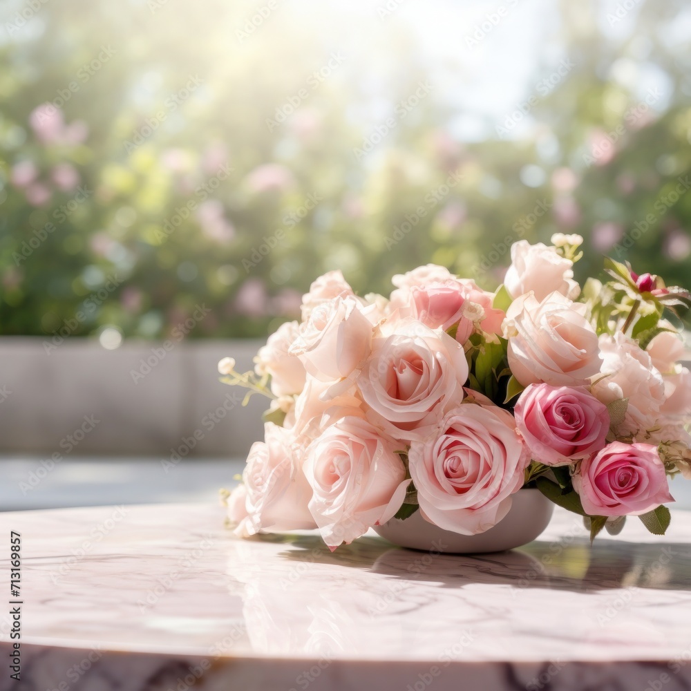 white marble table, blurred light bokeh rose garden background for product display studio mockup backdrop background white marble table, blurred light bokeh rose garden background for product display studio mockup backdrop background