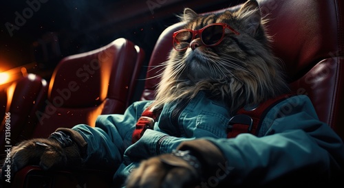 Amidst the sleek leather of an indoor chair, a cool cat dons sunglasses and lounges with a human's nonchalant ease