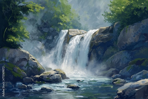 beautiful and serene painting of a waterfall in the midst of a lush forest © Suhardi