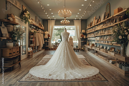 Mannequins in wedding and evening gowns in the bridal shop. photo