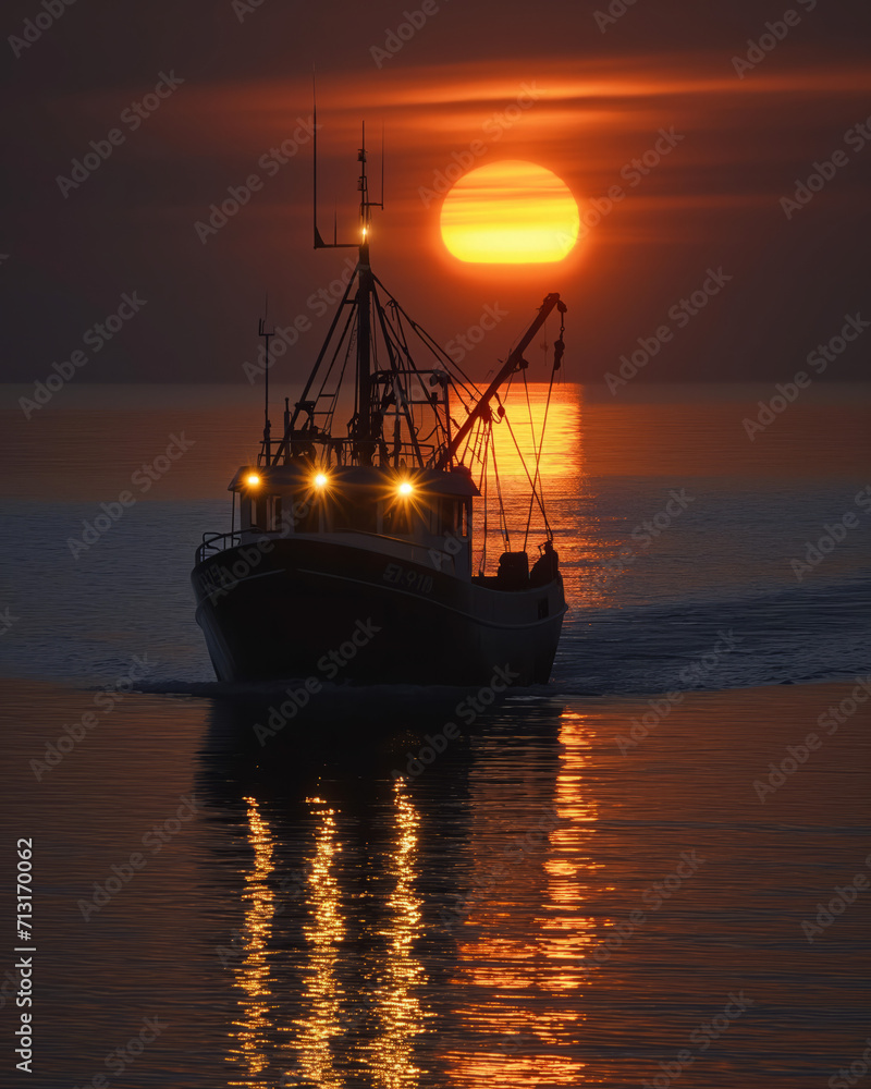 Fototapeta premium Trawler Under the Warm Glow of Sunset