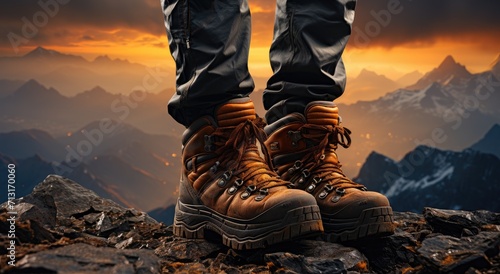 A lone hiker stands atop a rocky mountain, their boots firmly planted as they take in the stunning sunset sky and breathtaking nature surrounding them