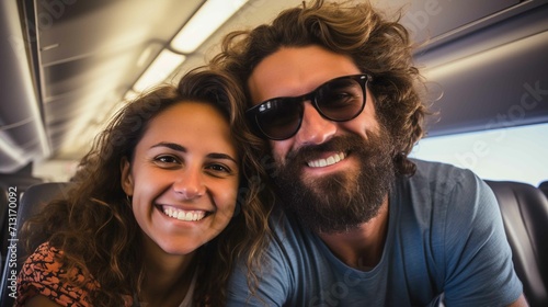 Happy young couple taking selfie inside airplane, concept of medium air transport on vacation
