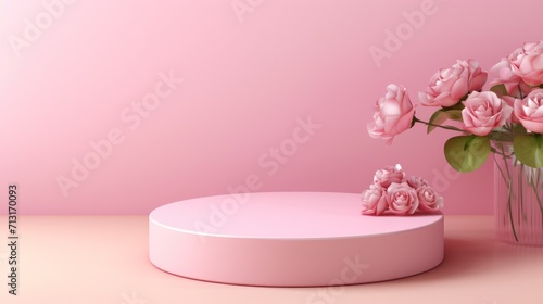 Empty podium with pink rose flowers on pink background to display products