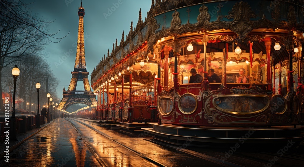 Fototapeta premium A dazzling carousel spins under the sparkling lights of a towering cityscape, as a tram glides through the snowy streets below, illuminating the wintry sky with bursts of electricity