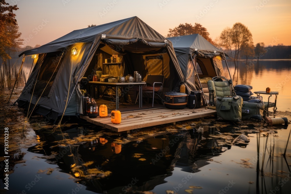 A cozy winter tent perched on a dock in the shimmering waters, surrounded by trees and bathed in the warm hues of sunset and sunrise, creating a picturesque landscape for an outdoor retreat by the la