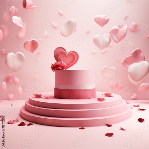 Delicate pink rose petals in air around a single rose on a pink podium backdrop background 