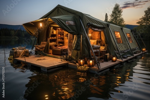 As the sun sets on the tranquil lake  a lone tent rests on a floating platform surrounded by a picturesque landscape of trees  a boat  and a reflecting house  offering a serene outdoor retreat with b