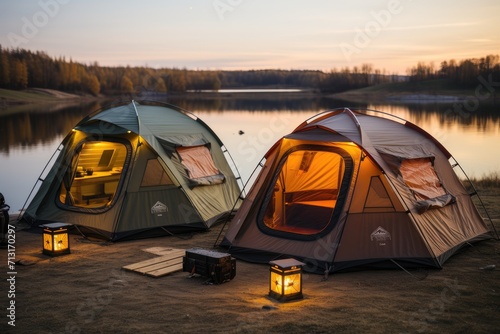 As the sun sets over the peaceful lake, two tents stand tall on the camping ground, their tarpaulins reflecting the colors of the sky, inviting us to embrace the great outdoors