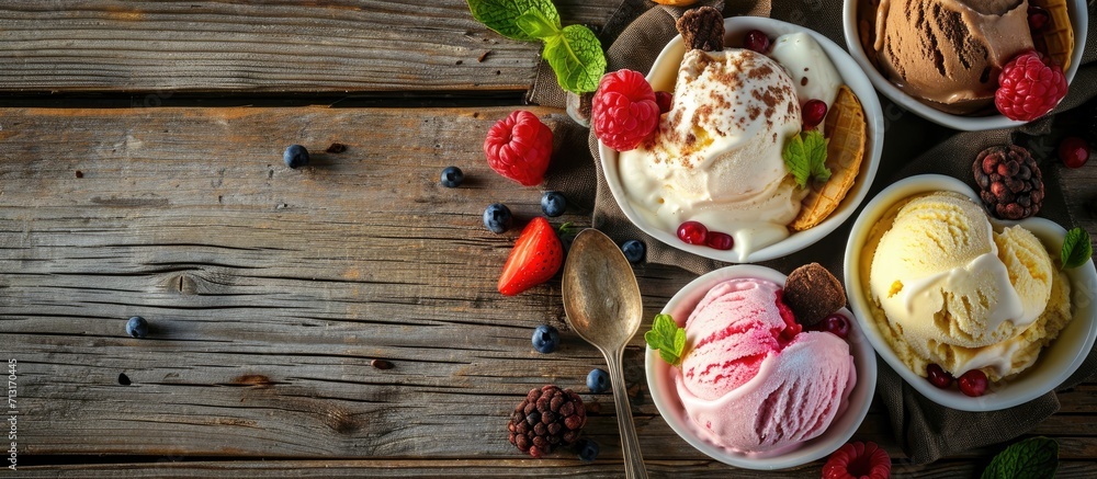 Heart shaped dishes with assorted ice cream flavors and fresh ingredients viewed high angle on wood in a panorama banner. Copy space image. Place for adding text Heart shaped dishes with assorted ice cream flavors and fresh ingredients viewed high angle on wood in a panorama banner. Copy space image. Place for adding text