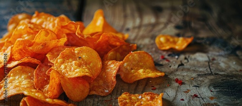 Hot Spicy Sriracha Potato Chips Ready to Eat. Copy space image. Place for adding text