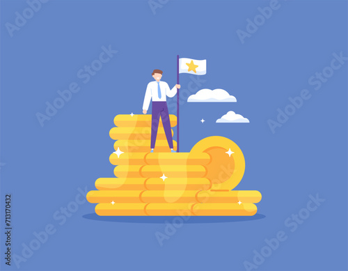businessman or worker standing on a pile of coins. managed to earn a lot of money. rich and successful. wealth and glory. finance and business. flat illustration concept design. graphic elements. 