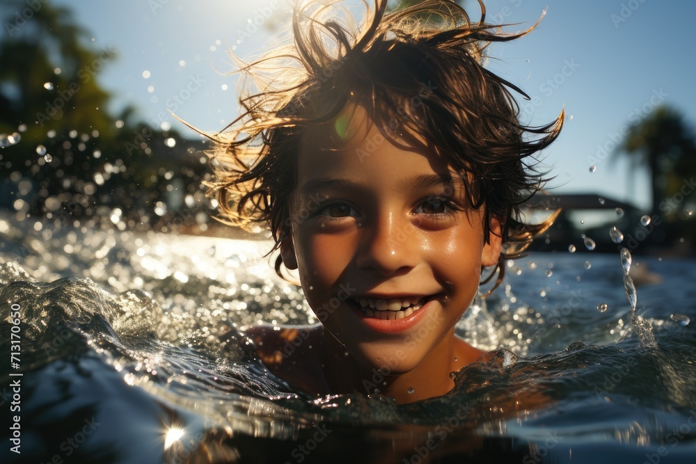 Obraz premium A joyful young boy and girl splash and smile as they playfully swim in the sparkling water beneath the clear blue sky, their faces reflecting the carefree innocence of childhood