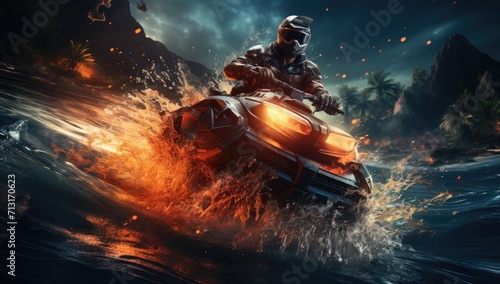 A daring biker ignites the screen in a fiery race against time in this action-packed outdoor adventure game, where digital compositing brings the intense thrill of the ride to life © Larisa AI