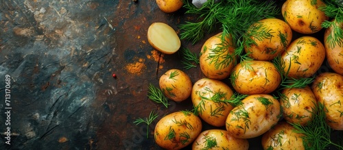 Boiled new potatoes seasoned with dill and butter Top view. Copy space image. Place for adding text