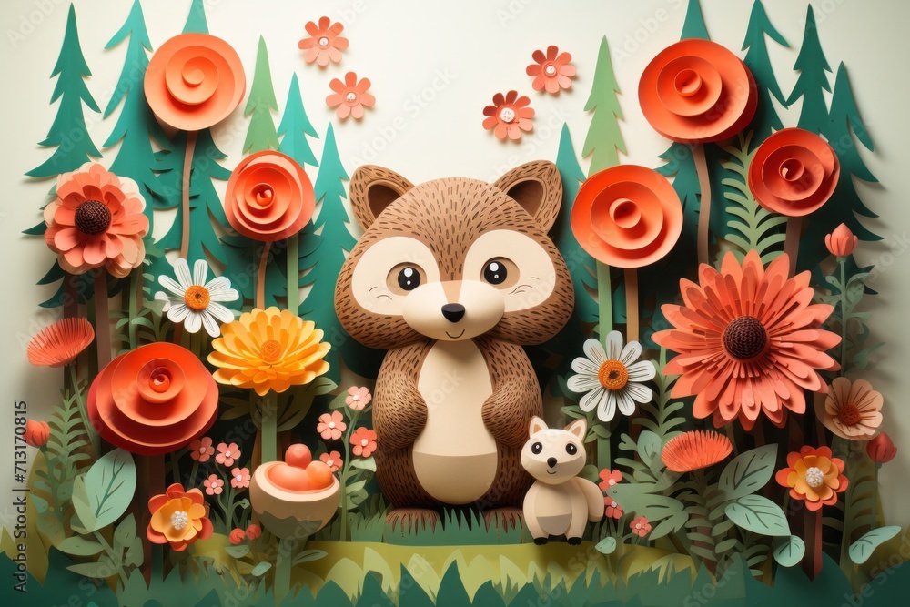 Celebrate the wonders of the outdoors with a cartoon forest scene, featuring tall trees, lovable animals, and vibrant flowers, Generative AI Celebrate the wonders of the outdoors with a cartoon forest scene, featuring tall trees, lovable animals, and vibrant flowers, Generative AI