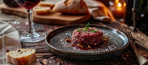 Tasty Steak tartare on white plate with egg bread and cup red wine. Copy space image. Place for adding text
