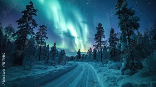 Amazing northern lights over a track through winter landscape in Finnish Lapland. The mesmerising aurora borealis © David