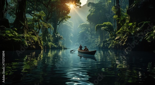 A peaceful voyage through a lush green forest on a serene river, as the warm sun reflects off the tranquil waters of the floating boat © Larisa AI