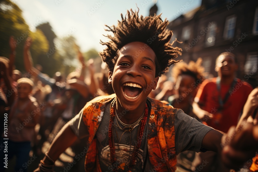 A joyous moment captured as a young boy's infectious laughter echoes through a lively street festival, surrounded by smiling faces and the bright blue sky