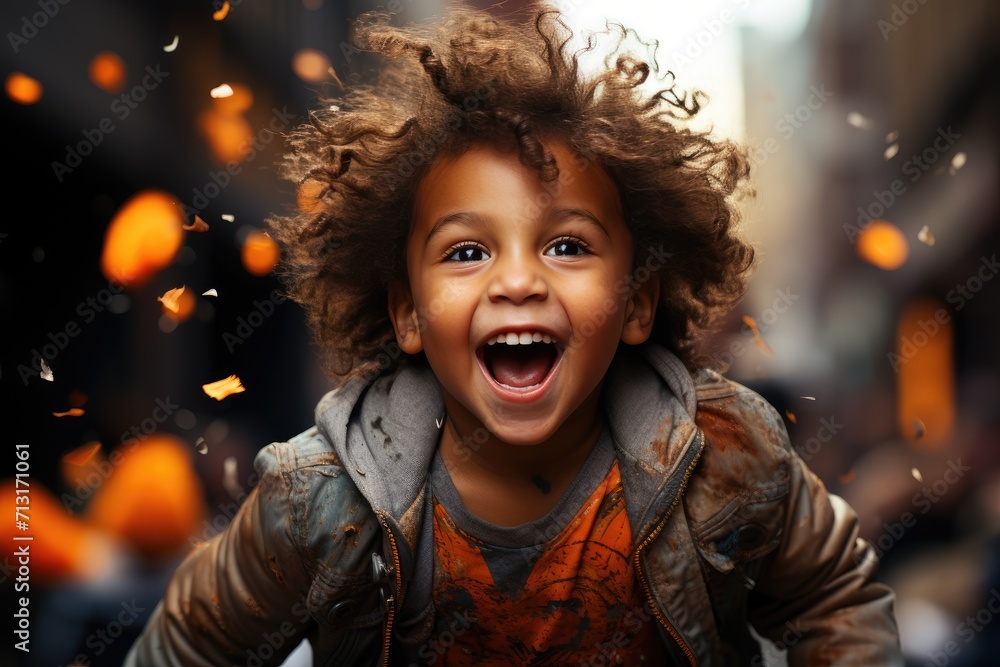 Joy radiates from the cherubic face of a young child with curly locks, dressed in vibrant clothing and captured in a playful outdoor portrait