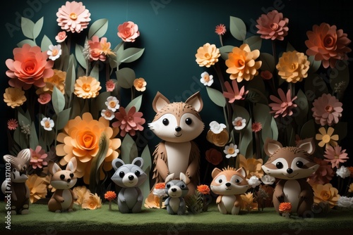 Celebrate the wonders of the outdoors with a cartoon forest scene  featuring tall trees  lovable animals  and vibrant flowers  Generative AI